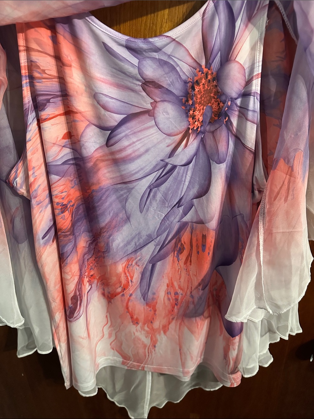 ONE WORLD Purple and Coral Floral Sheer Tunic Top - Picture 2 of 3